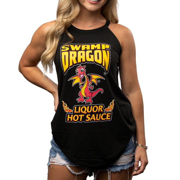 Female model wearing a black tank top with the Swamp Dragon logo and "Liquor Hot Sauce" on the front