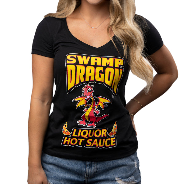 Female wearing a black deep vee neck t-shirt with Swamp Dragon logo and "Liquor Hot Sauce" on front