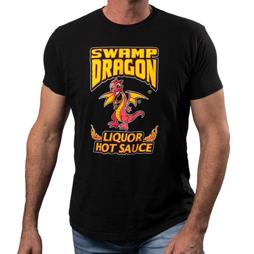Man in black t-shirt. The shirt has the Swamp Dragon logo, and says "Liquor Hot Sauce."