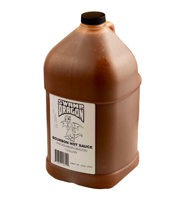Plastic gallon jug full of Swamp Dragon Bourbon Hot Sauce