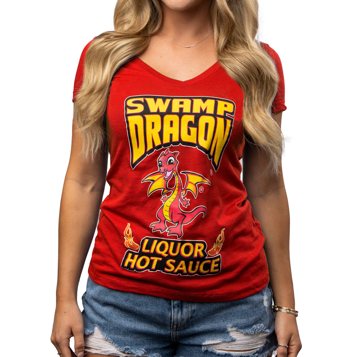 Female wearing a red deep vee neck t-shirt with Swamp Dragon logo and "Liquor Hot Sauce" on front