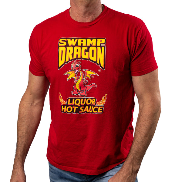 Man in red t-shirt. The shirt has the Swamp Dragon logo, and says "Liquor Hot Sauce."